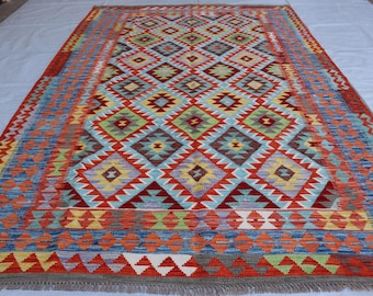 Afghan Flatweave Kilim Rug, Hand-Knotted Wool Tribal Chubi Oriental, 7x10 Area Rug
