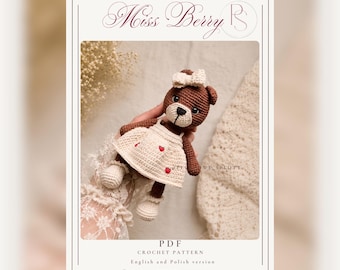 Miss Berry - Crochet Bear Pattern in Light Dress with Strawberry Embroidery and Bow amigurumi PDF