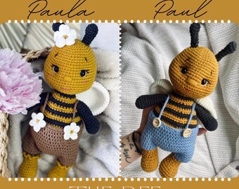 Crochet Bee – personalized plush with name, choose boy or girl & shorts color
