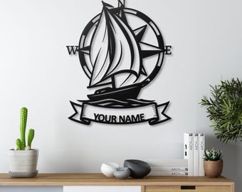 Personalized Sailboat Metal Sign: Nautical Compass Rose Wall Decor ,