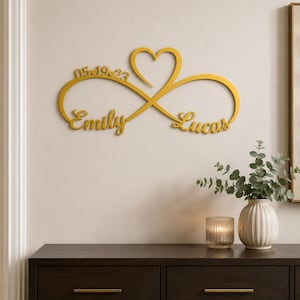 Personalized Metal Infinity Love Symbol, Metal Wedding Anniversary gift, Handcrafted Wall Art Sign, Name, Date, Heart Home Decor