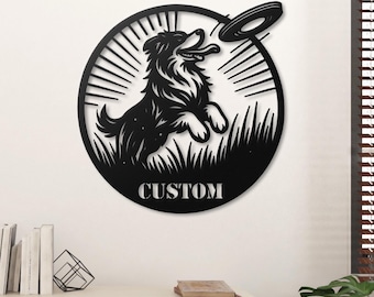 Personalisierter Frisbee Hund Metall Schild: Border Collie, Australian Shepherd wanddekor