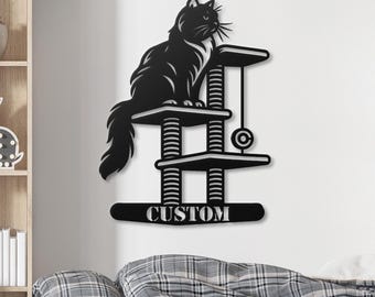 Custom Cat Name Metal Wall Art: Personalized Cat Silhouette on Tree Decor ,