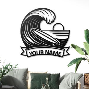 Custom Surfboard Metal Sign, Personalized Beach House Decor, Ocean Wave Wall Art, Surfer Name Sign, Coastal Home Decor Gift for Surfer