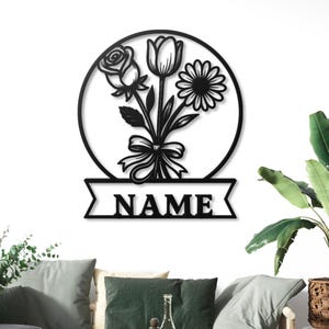 Personalized Flower Sign Custom Name Metal Art Mothers Day Gift for Mom Grandma Garden Decor Rose Tulip Daisy Bouquet Family Sign