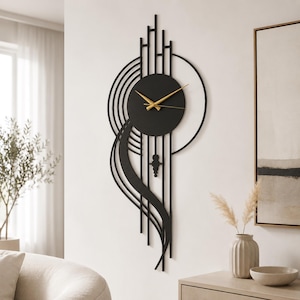 Abstrakte Metall Wanduhr, moderne minimalistische geometrische Kunst, große Art-Deco-Uhr, Mid Century Black Decor, Housewarming Geschenk