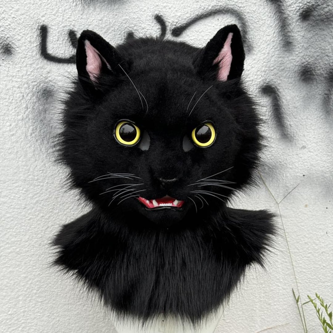 Realistic Fursuit Black Cat Kitty Movable Jaw Headpiece Halloween
