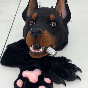 Puede incluir: Una máscara de cabeza de perro Doberman de felpa con pelaje negro y marrón, ojos marrones y boca abierta sosteniendo una pequeña botella cilíndrica. La máscara presenta orejas altas y puntiagudas y guantes de pata de felpa negra a juego.