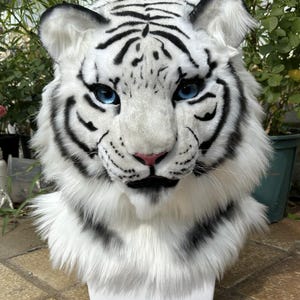 Realistic movable jaw white tiger fursuit headpiece halloween cosplay costume mask furry