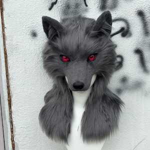 handmade gray wolf realistic fursuit hat halloween cosplay costume therian headpiece half face mask furry accessories