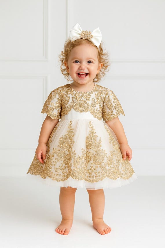 Gold Sequin Baby Dress: Embroidered Tulle Gown, Holiday Outfit