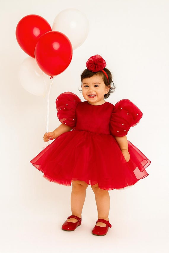 Red Christmas Dress : Organza Puffy Sleeve Holiday Outfit ,Handmade First Birthday