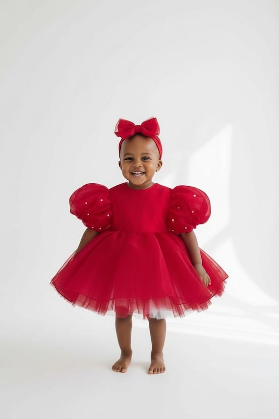 Red Organza Baby Girl Dress, Puffy Sleeve Birthday Outfit, Pearl  Embellished Christmas Party Gown, - Etsy