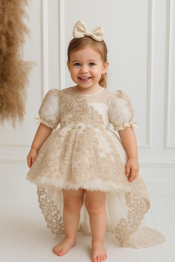 ivory baby girl dress Ivory Baby Dress, Long Train, Handmade Flower Girl Gown