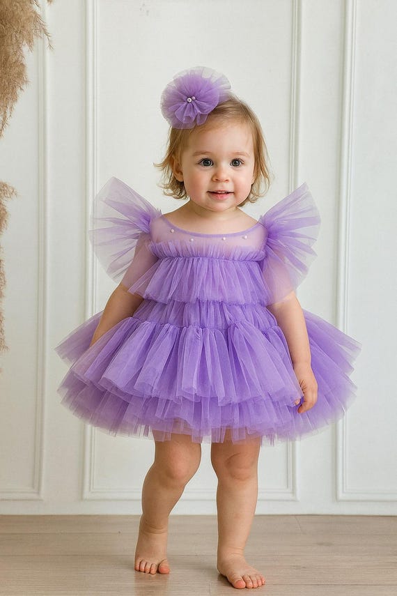 purple poofy dress Lily Tutu & Tulle Puffy Flower Girl Dress, First Baby Birthday Party Dress,  Princess Girl Gown, Pageant Toddler Special Occasion Dress