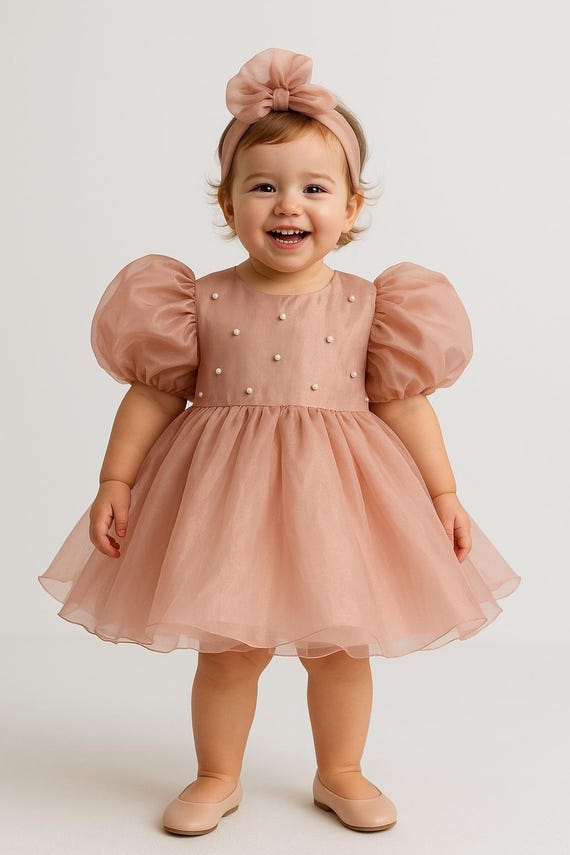 Rose Gold Baby Girl Dress: Pearl Puffy Sleeves, Birthday Gown Handmade Holiday Outfit Rose Gold Baby Girl Dress: Pearl Puffy Sleeves, Birthday Gown Handmade Holiday Outfit