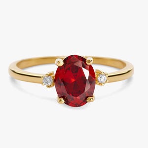 14K Gold Ruby Ring – Oval Red Gemstone with Diamond Accents – Ruby and Diamond Ring in 14K Gold, July Birthstone Fine Jewelry Gold Fine Ring