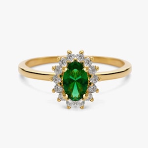 14K Gold Emerald Ring with Diamond Halo: Vintage-Style Engagement Ring