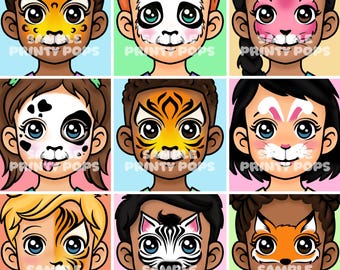 Tierische Gesicht Gemälde Menü-Designs: 8 Hand illustrierte Display Board Karten (Digital Download JPEGs)