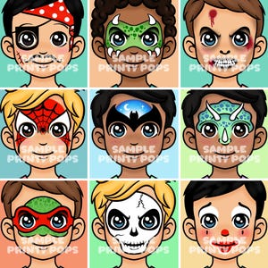 Op de afbeelding: Negen cartoongezichten met verschillende ontwerpen, waaronder een piraat, een dinosaurus, een zombie, een spinnenweb, een vleermuis, een dinosaurus, een ninja-schildpad, een schedel en een clown. Elk gezicht heeft de tekst "SAMPLE PRINTY POPS".