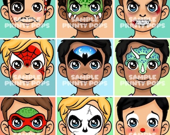 Diseños de menú de pintura facial: 8 tarjetas ilustradas a mano (descarga digital JPEG)