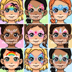May include: Nine cartoon illustrations of children's faces with various face paint designs. The designs include a rainbow, butterfly, snowflake, flowers, heart, and unicorn. Each image has the text "SAMPLE PRINTY POPS".