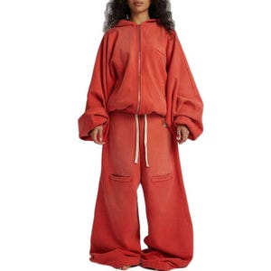 Oversized Red Fleece Tracksuit Set – Baggy Zip-Up Hoodie & Wide-Leg Pants | Unisex Streetwear by Potential Mark