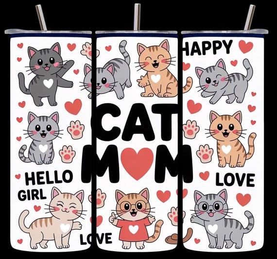 Cat Mom Travel Mug: Stainless Steel Tumbler with Cartoon Cats (20oz)