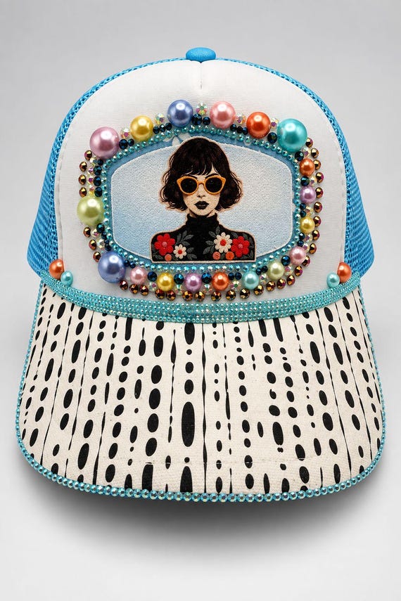 Trendy Y2K Statement Hat, Light Blue and White Junk Hat