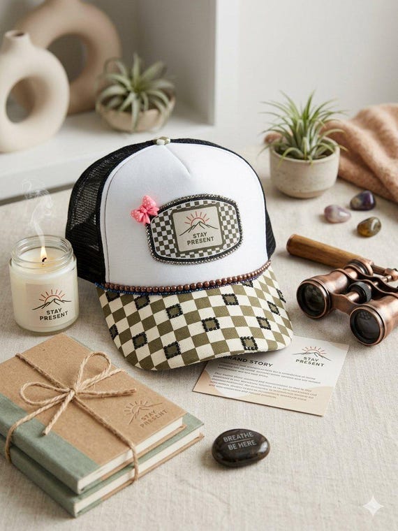 Stay Present Mesh Back Cap with Pink Polka Dot Bow Junk Hat