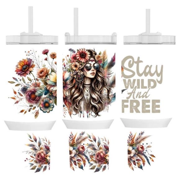 Boho Tumbler, Stay Wild and Free, Floral Feathers, 40oz Travel Mug