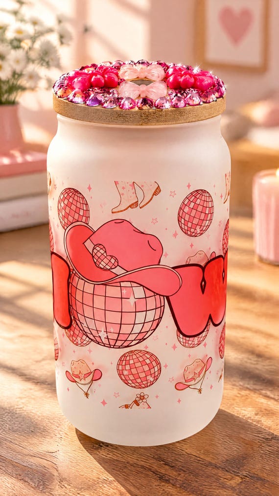 Custom Name Cowgirl Glass Can Cup with Rhinestone Lid