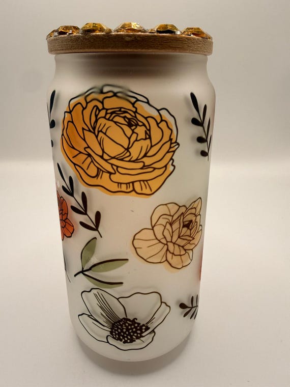 16oz Frosted Floral Glass Can with Rhinestone Bamboo Lid