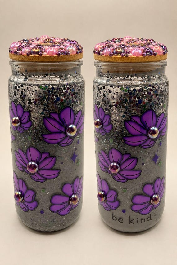 Handcrafted Purple Floral Snow Globe Tumbler with Pearl Bling Lid