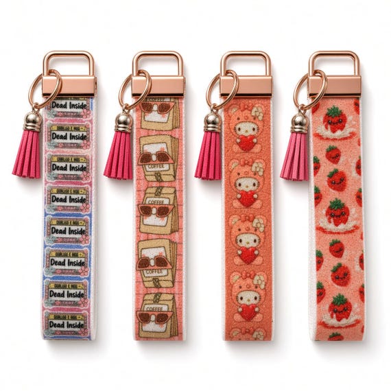Pastel Rose Gold Wristlet Keychains: Kawaii, Sassy, Coffee, Strawberry (Handmade)
