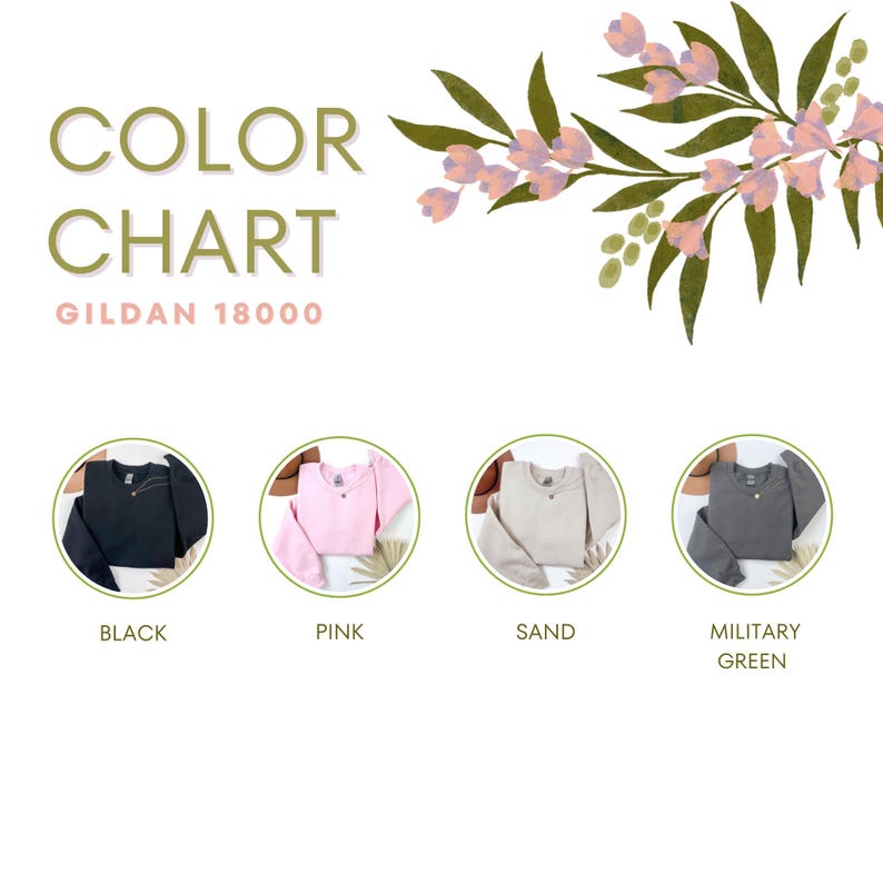 Puede incluir: Carta de colores con cuatro camisetas de manga larga en negro, rosa, arena y verde militar. Las camisetas se muestran en formato circular con el nombre del color debajo. El texto "COLOR CHART" y "GILDAN 18000" est&aacute;n en la parte superior.