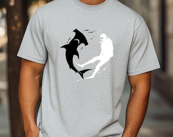 Shark Shirt, Deep Sea Diver, Scuba Diving Gift, Scuba Diver Shirt, Sport Man Tee, Swimmer T-shirt, Underwater Top, Shark Lover, Ocean Shirt