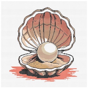 Open Seashell with Pearl Cross Stitch Pattern – Elegant Coastal Embroidery Design – PDF Instant Download - Shell Embroidey Pattern