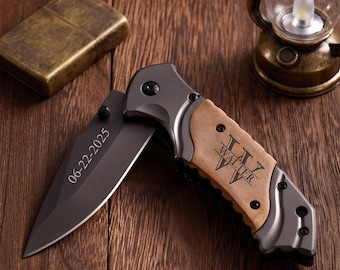 Couteau de poche gravé personnalisé : manche en bois gravé, cadeau pour témoins, couteau de mariage, cadeau d’anniversaire pour homme