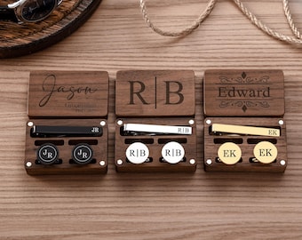 Personalized Cufflink Tie Clip Set: Engraved Stainless Steel & Walnut Box