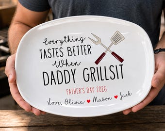 Personalized Grill Master Gift for Dad, Father’s Day Gifts Grilling Platter with kids names, Custom backyard bbq gift
