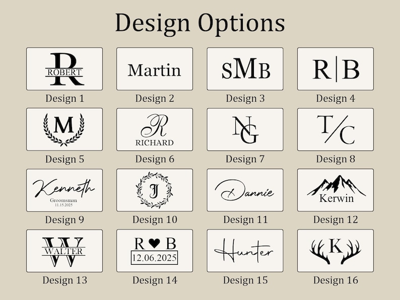 Puede incluir: Gr&aacute;fico beige con el texto "Design Options". Diecis&eacute;is opciones de dise&ntilde;o se muestran en cuadros rectangulares, cada uno con una combinaci&oacute;n &uacute;nica de texto, iniciales o gr&aacute;ficos. Los dise&ntilde;os incluyen nombres, iniciales y fechas.