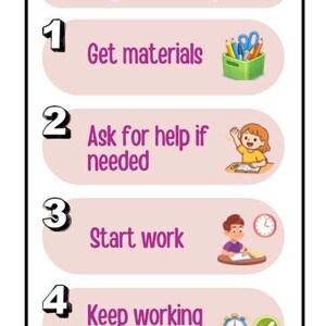 May include: A colorful educational poster titled "My Work Steps" with four steps: Get materials, Ask for help if needed, Start work, and Keep working until finished. Each step is illustrated with cartoon images of school supplies and children.