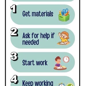 May include: A colorful educational poster titled "My Work Steps" with four steps: Get materials, Ask for help if needed, Start work, and Keep working until finished. Each step is illustrated with a corresponding image.