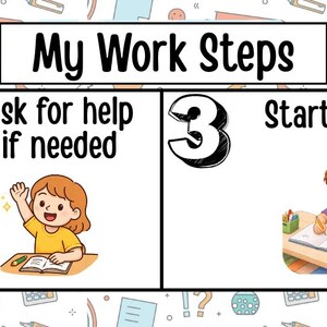 May include: A colorful educational poster titled "My Work Steps" with four illustrated steps: Get materials, Ask for help if needed, Start work, and Keep working until finished. The poster includes a green container with pencils and scissors.