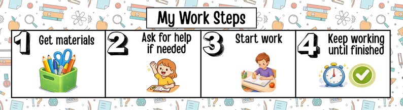 May include: A colorful educational poster titled "My Work Steps" with four illustrated steps: Get materials, Ask for help if needed, Start work, and Keep working until finished. The poster includes a green container with pencils and scissors.