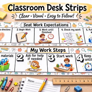以下が含まれることがあります： 「Classroom Desk Strips Clear Visual Easy to Follow!」のテキストと、座席での作業の期待と作業手順のイラストが描かれた教室のデスクストリップ。鉛筆、クレヨン、定規が含まれています。