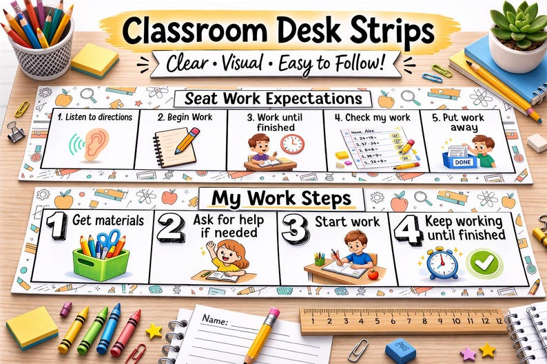 May include: Classroom desk strips with the text "Classroom Desk Strips Clear Visual Easy to Follow!" and illustrations for seat work expectations and work steps. Includes pencils, crayons, and a ruler.