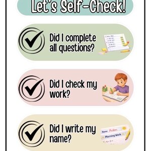 May include: A self-check chart with the text "Let's Self-Check!" and three questions: "Did I complete all questions?", "Did I check my work?", and "Did I write my name?" Each question has a checkmark icon.