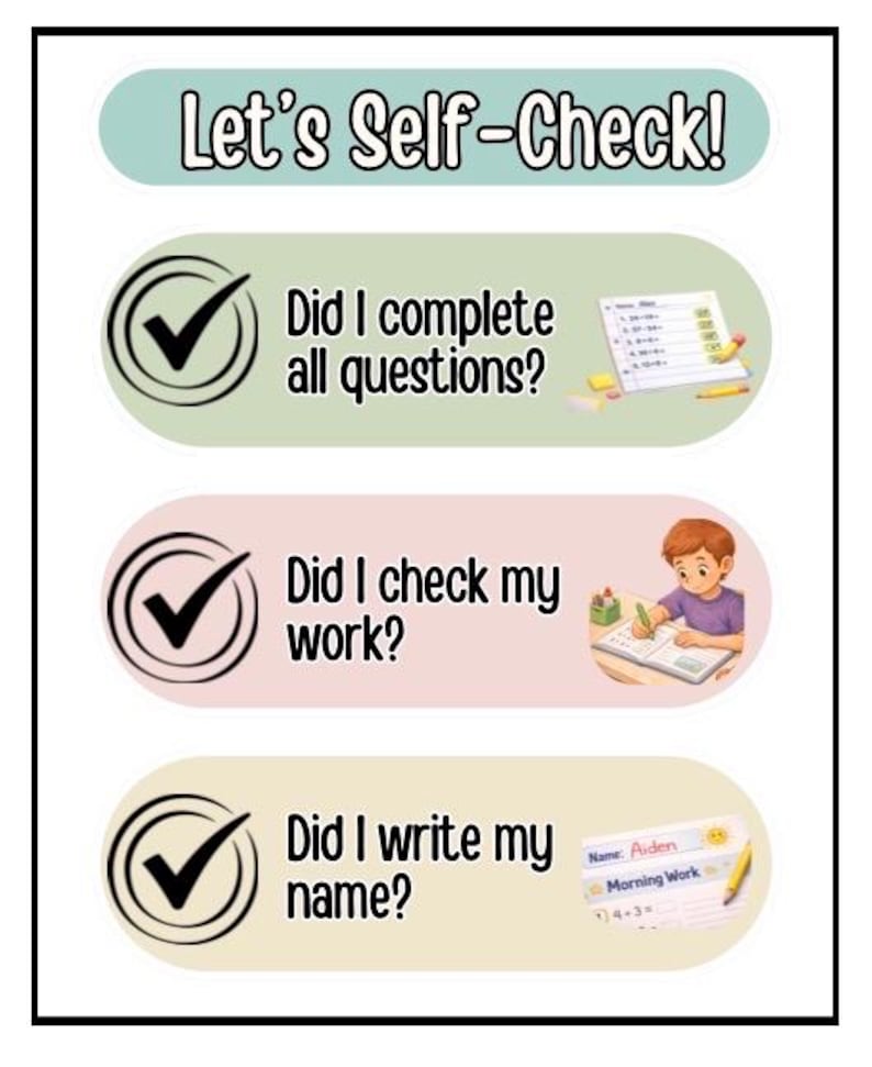 May include: A self-check chart with the text "Let's Self-Check!" and three questions: "Did I complete all questions?", "Did I check my work?", and "Did I write my name?" Each question has a checkmark icon.